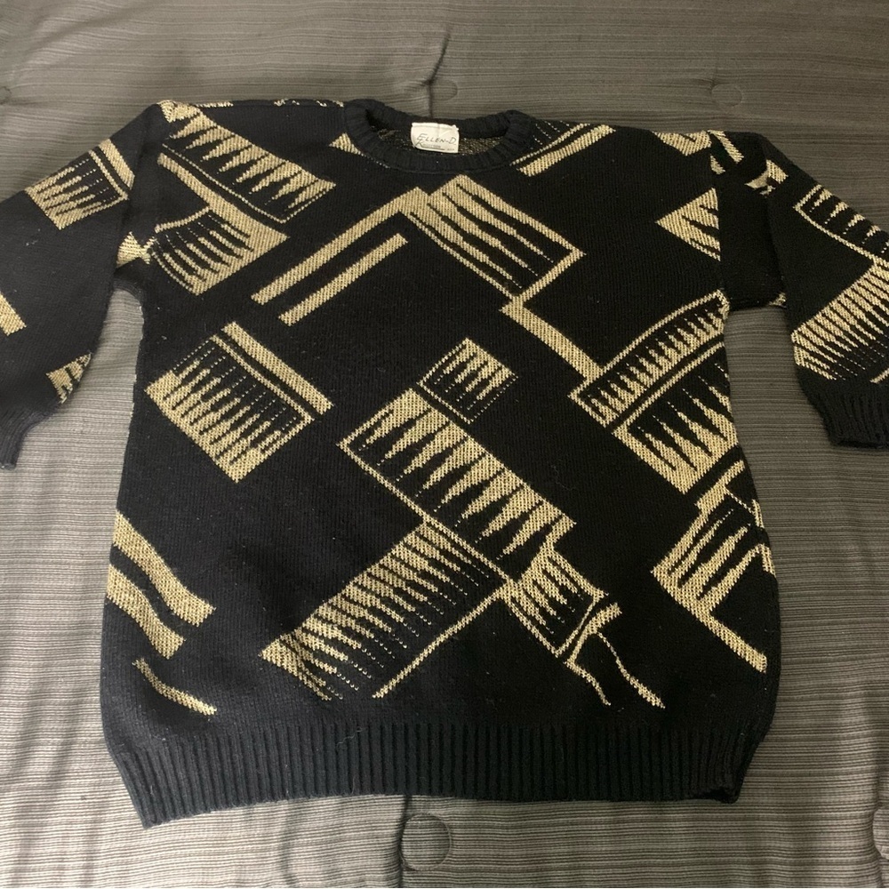 New Vintage Ellen D Collection Abstract Sweater Mini Dress Black Gold Large - Picture 5 of 9